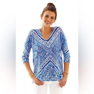 Lilly Pulitzer Jameson‎ Dolman Sleeve Blue Crush Open Water 100% Linen Top